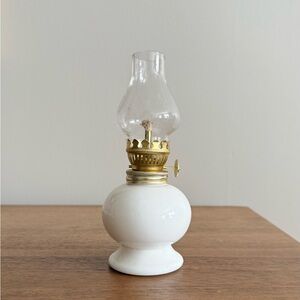 * SOLD * Vintage small white milk glass oil lamp with clear chimney